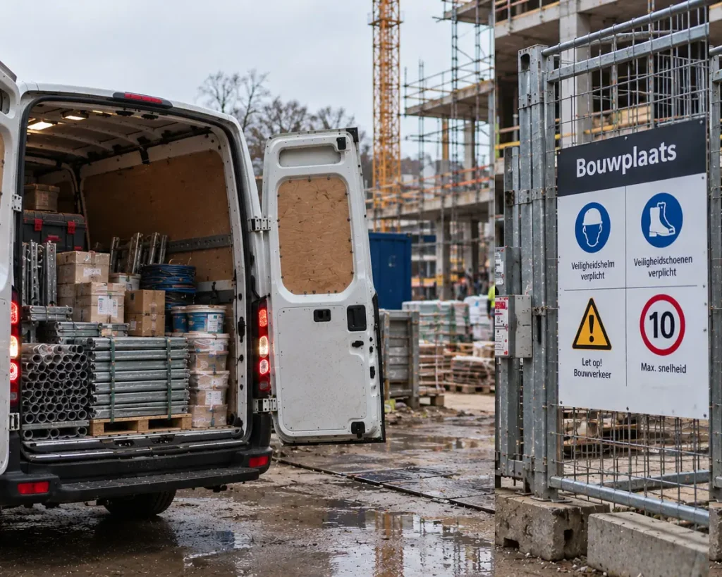 Koerier levert met spoed materiaal op de bouwplaats