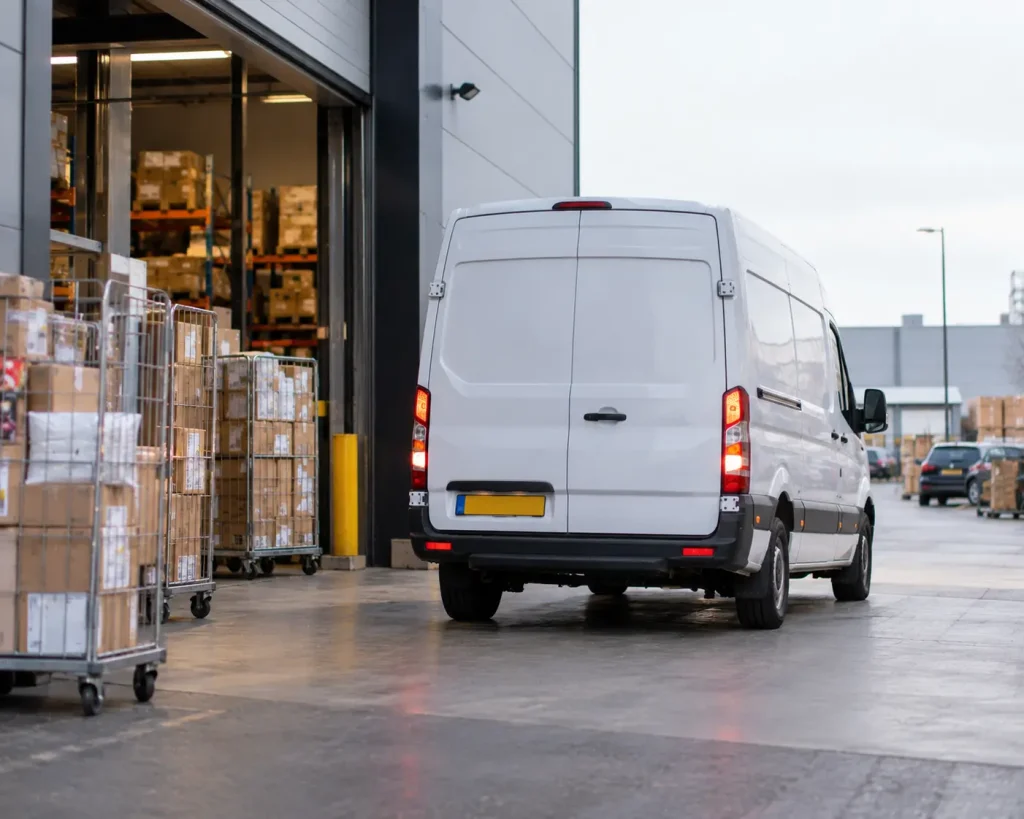 Koerier rijdt een vaste ophaalrit voor e-fulfilment