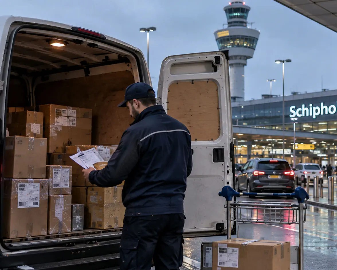 Luchthavenkoerier brengt een zending rechtstreeks naar Schiphol