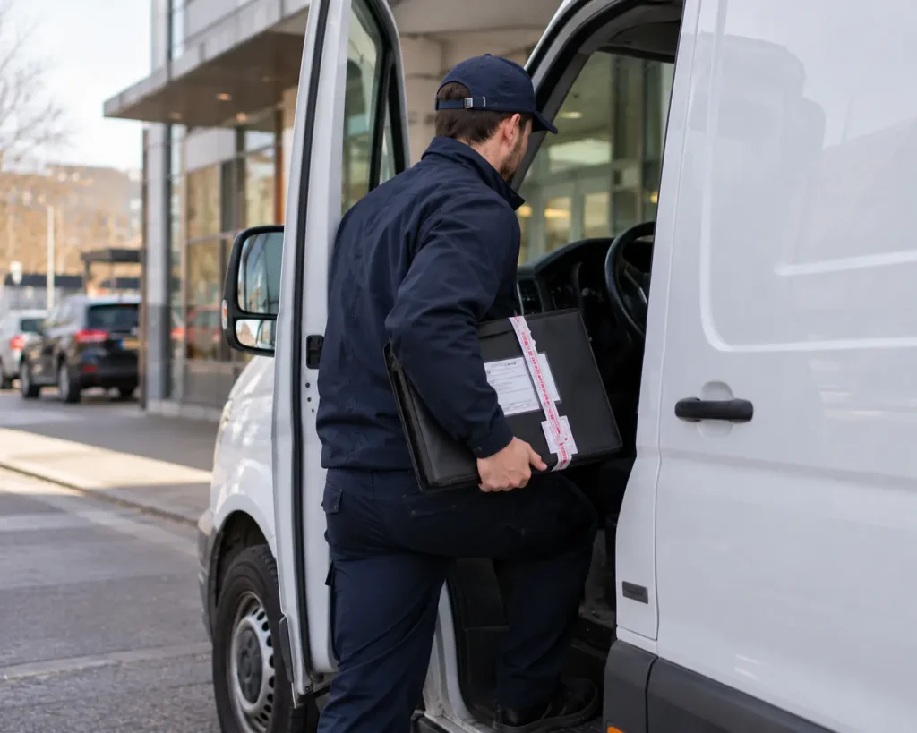 Medische documenten koerier vertrekt voor een vertrouwelijke rit