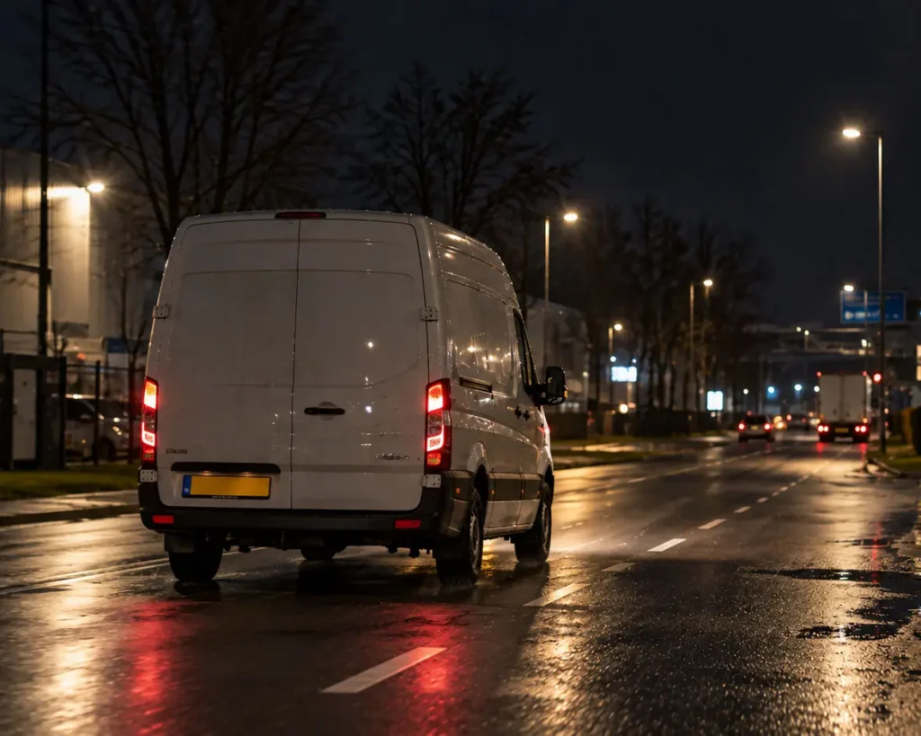 Nachtkoerier rijdt rechtstreeks door de nacht naar de bestemming