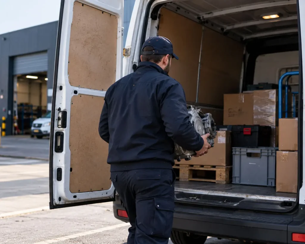 Onderdelenkoerier vertrekt direct met een spoedzending