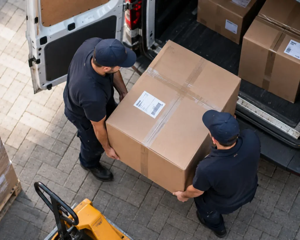 Koeriers laden een zwaar pakket in voor bezorging van deur tot deur