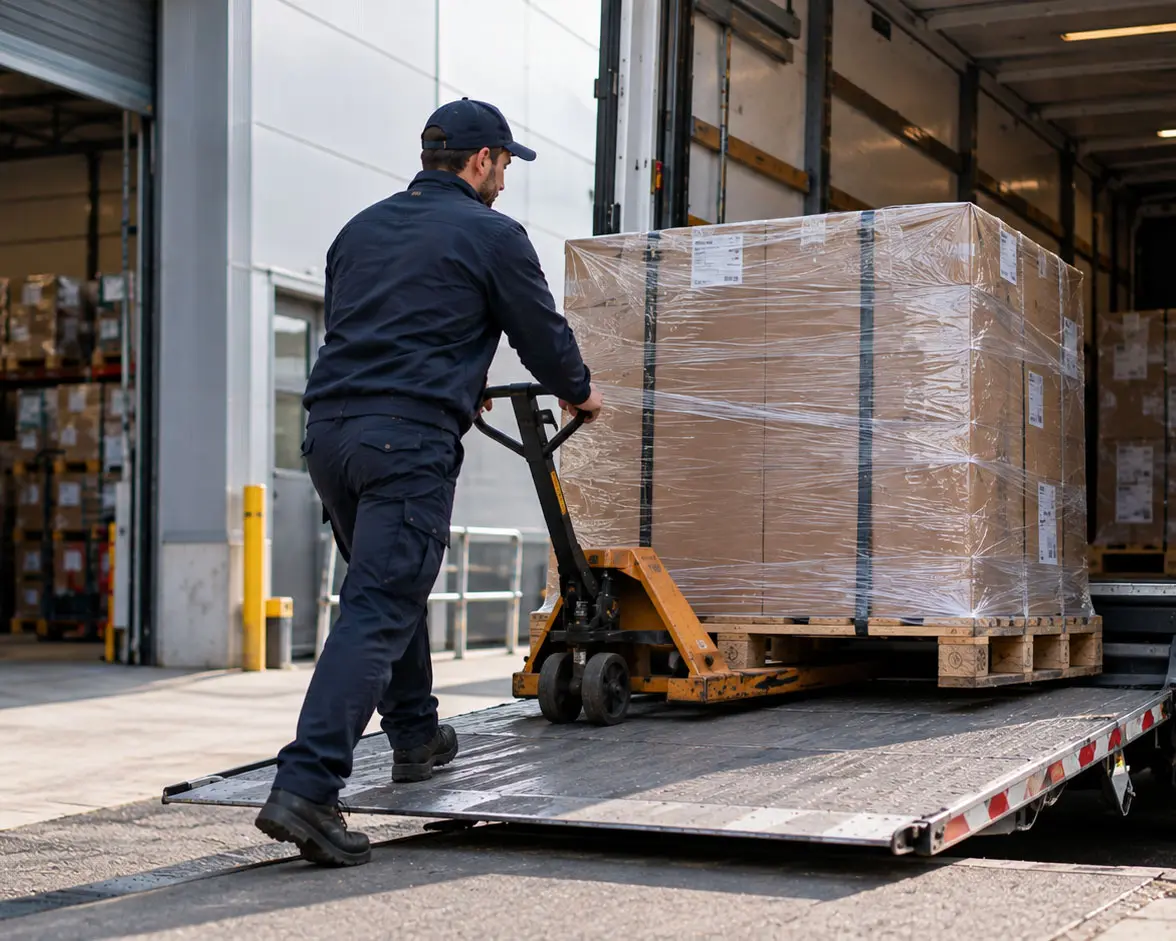 Pallet tot 500 kg wordt in de bus geladen voor direct transport