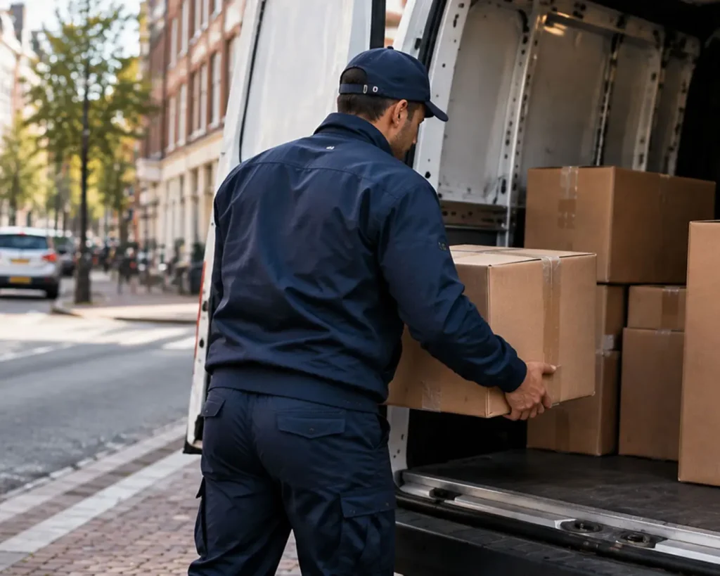Spoedkoerier laadt een zending in voor snelle bezorging door heel Nederland