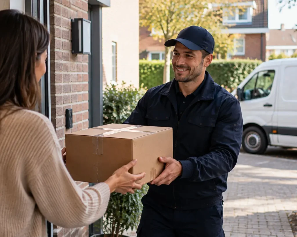 Webshop koerier bezorgt een online bestelling bij de klant