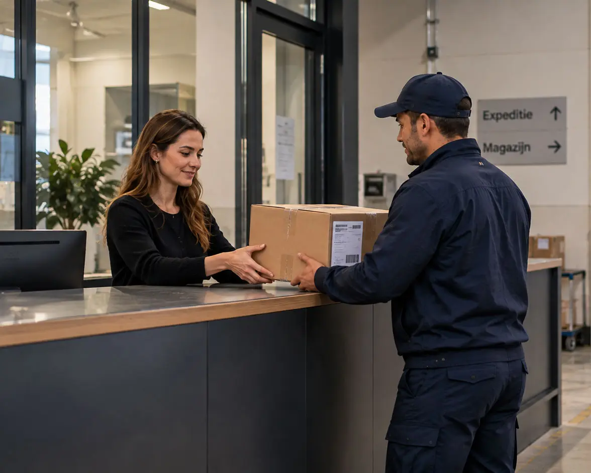 Zakelijke koerier bezorgt een zending bij een bedrijfslocatie
