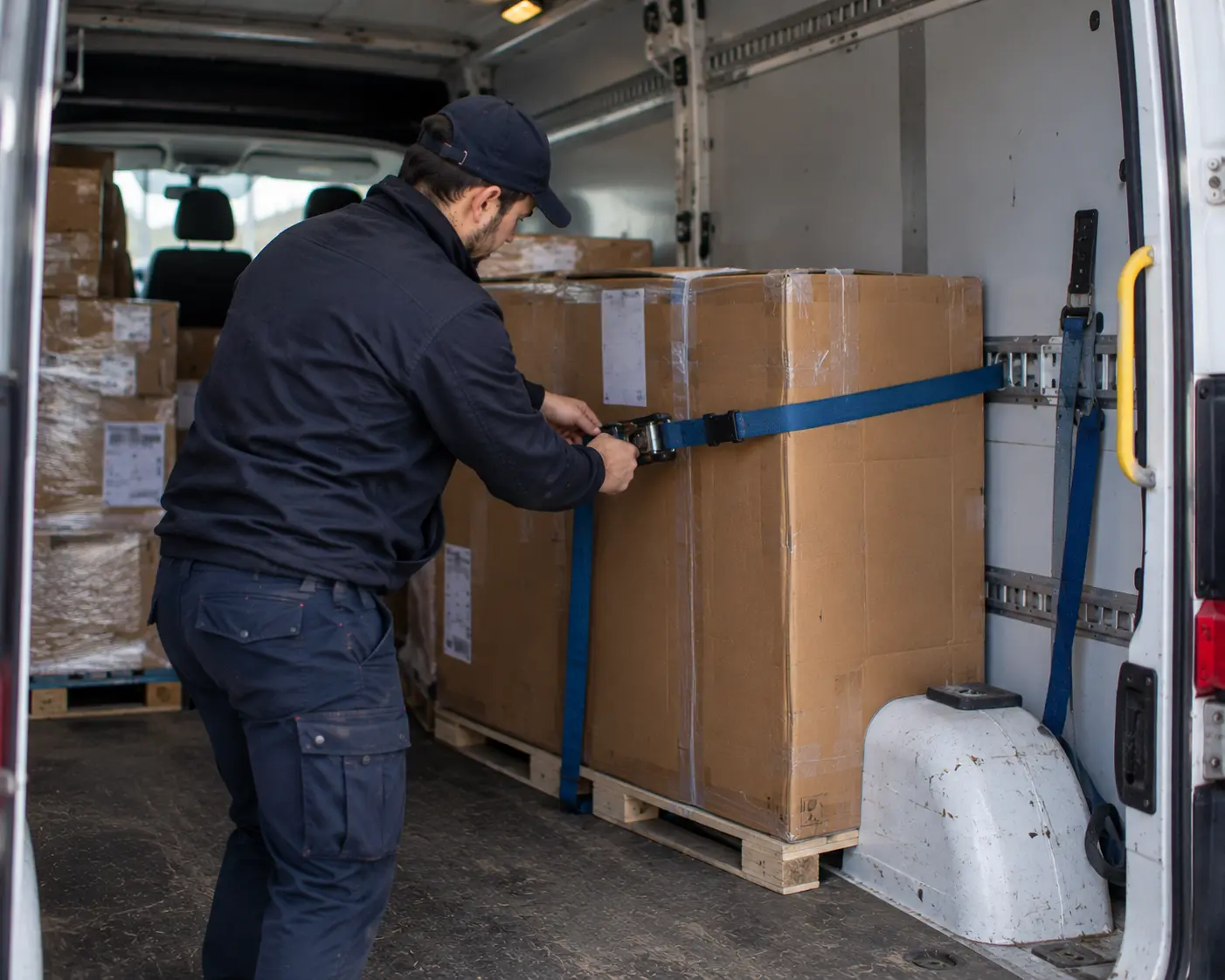 Zwaar pakket wordt zorgvuldig geladen en vastgezet
